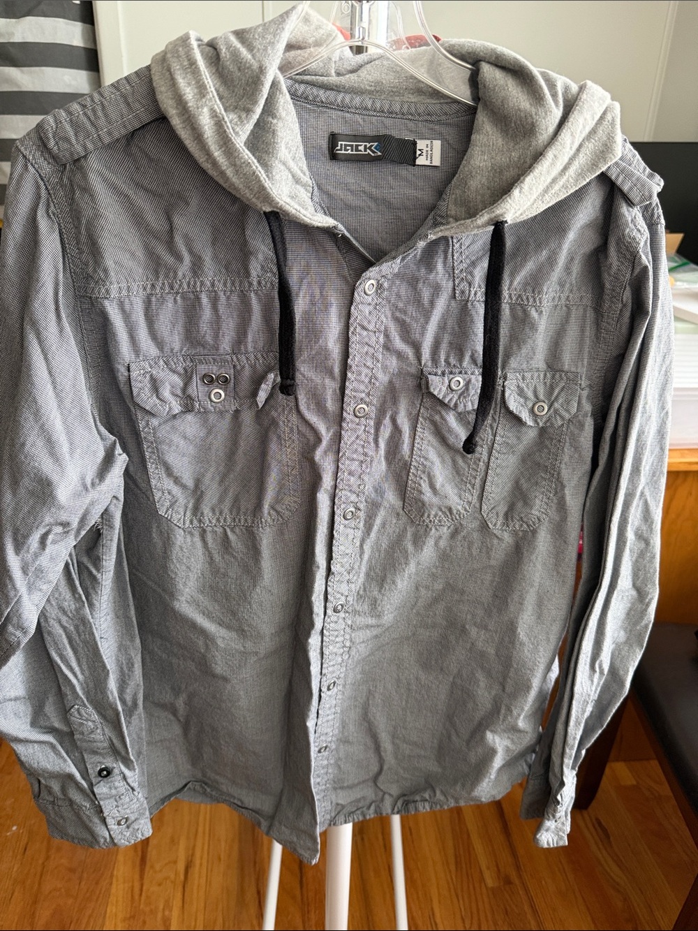 Jack by BB Dakota Gray Hooded Button-Up Shirt Jacket Snap-Up